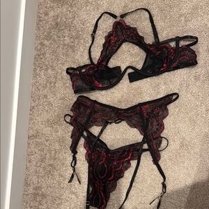 Elegant Black and Red Lace Bra, Garter, and panty set